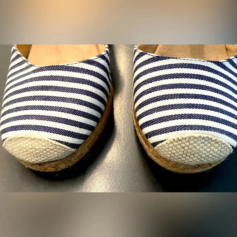 White Mountain Mamba Wedge Espadrille Blue/White Stripe Leather Ankle Strap 11 M